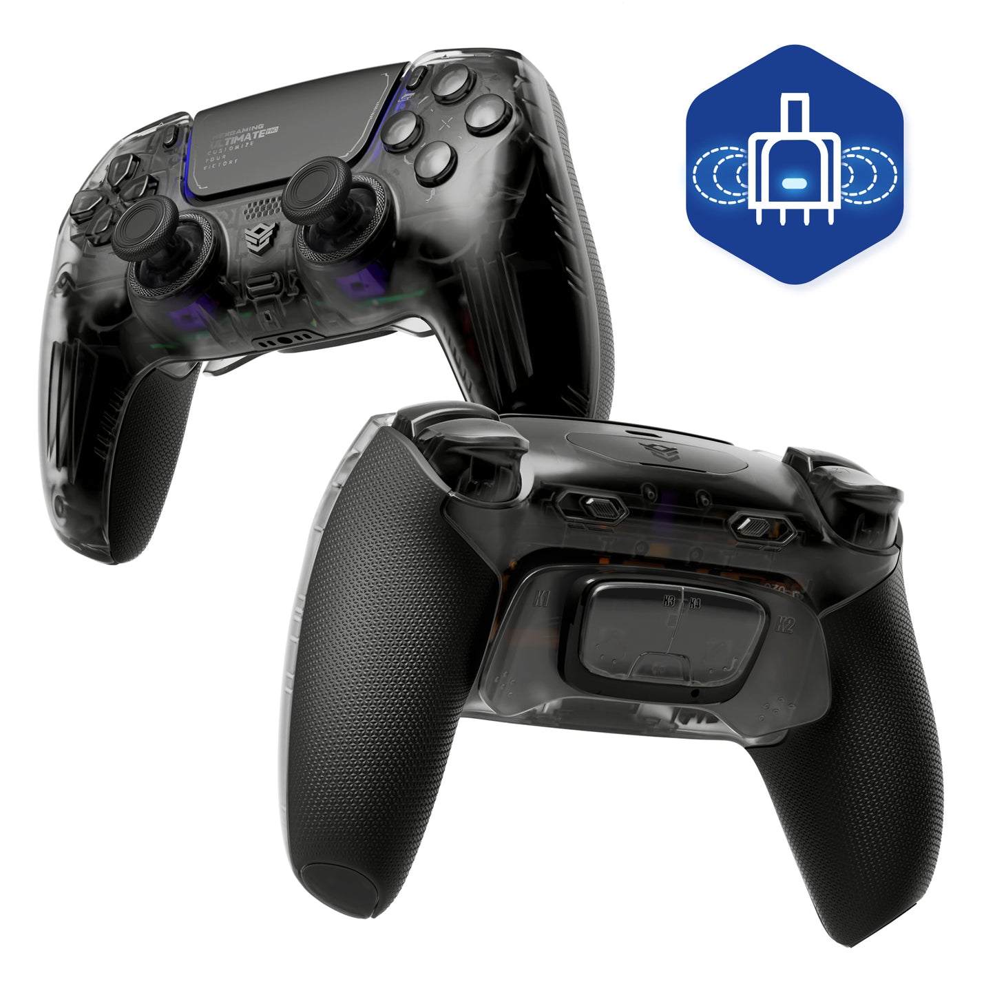 HEXGAMING ULTIMATE PRO Wireless Controller für ps5/PC/Handy, Elite Gamepad mit 4 Konfigurierte Rückpaddles & 6 Mapping Profie & Instant Triggers & 8 Swap Joysticks-Transparent Schwarz