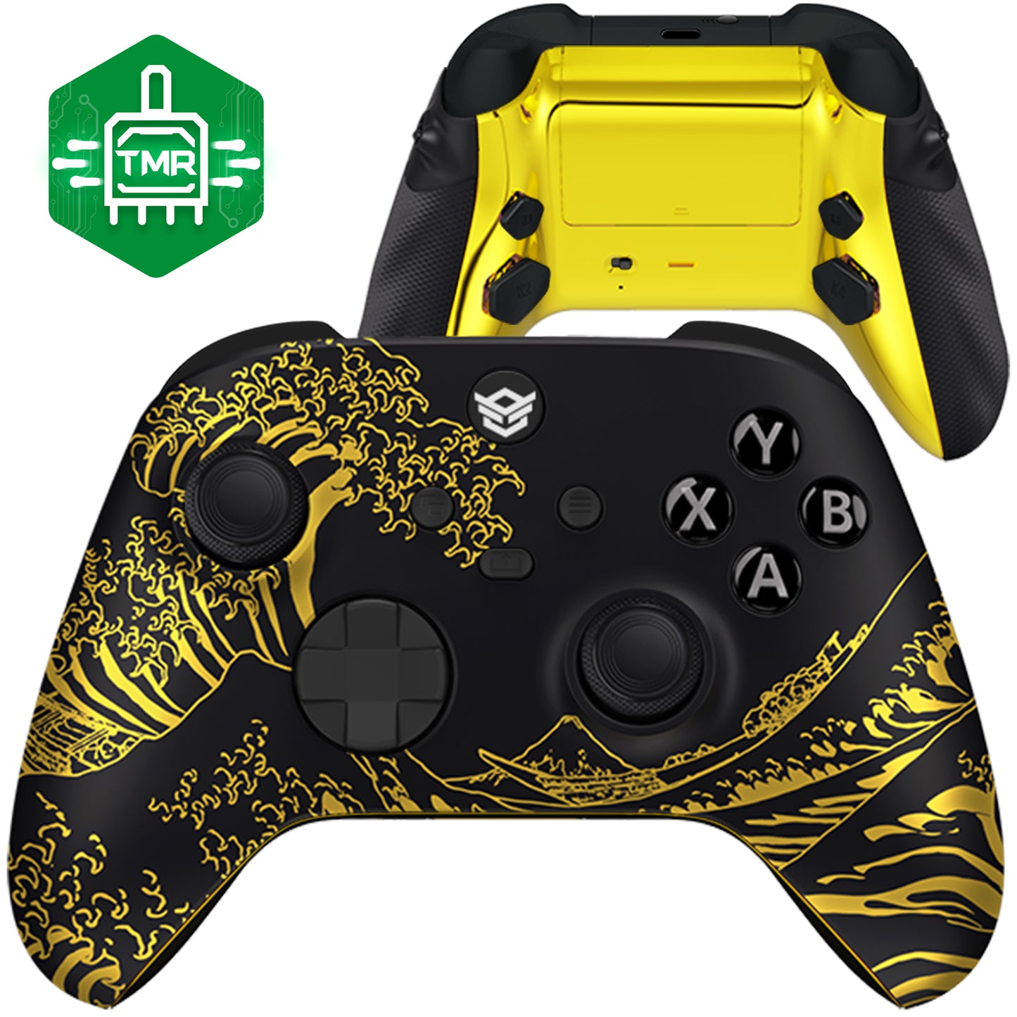 HEXGAMING ADVANCE Controller mit TMR-Joysticks und verstellbaren Triggern für XBOX, PC, Mobile - Schwarze Goldene Wellen