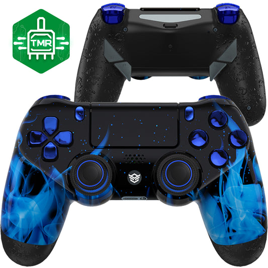 HEXGAMING NEW EDGE Controller mit TMR-Joysticks für PS4, PC, Mobile - Flammen Chrom Blau
