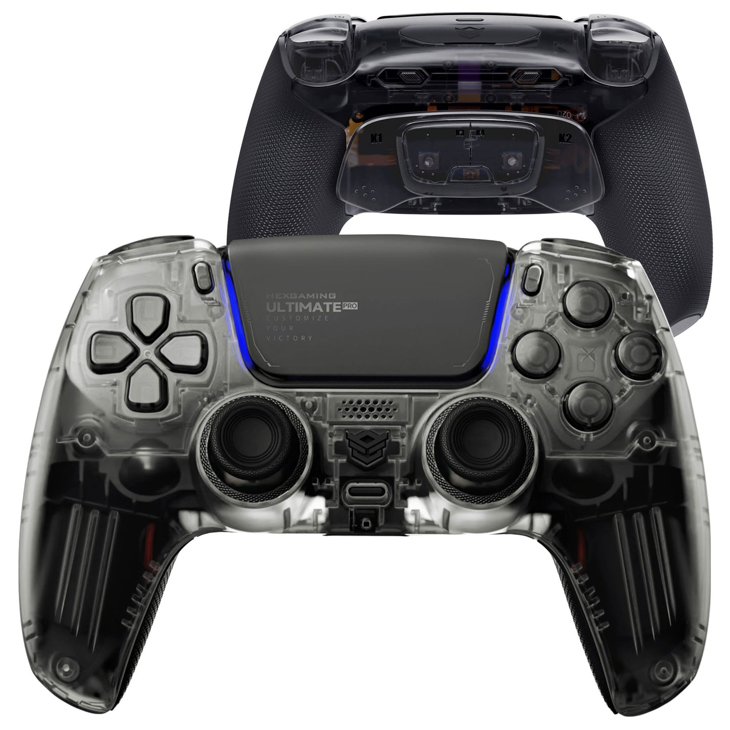 HEXGAMING ULTIMATE PRO Wireless Controller für ps5/PC/Handy, Elite Gamepad mit 4 Konfigurierte Rückpaddles & 6 Mapping Profie & Instant Triggers & 8 Swap Joysticks-Transparent Schwarz