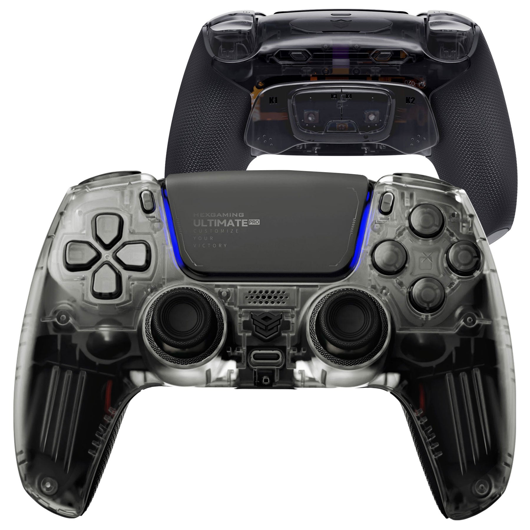 HEXGAMING ULTIMATE PRO Wireless Controller für ps5/PC/Handy, Elite Gamepad mit 4 Konfigurierte Rückpaddles & 6 Mapping Profie & Instant Triggers & 8 Swap Joysticks-Transparent Schwarz